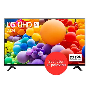 Pohled zepředu na 65"UHD TV v tenkém designu, úzkým rámem, ukázkou reálných a čistých barev na bočních dvounohých stojanech