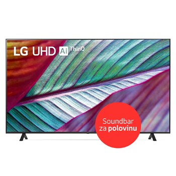 Pohled zepředu na 75"UHD TV v tenkém designu, úzkým rámem, ukázkou reálných/čistých barev a dvounohých stojanech po stranách