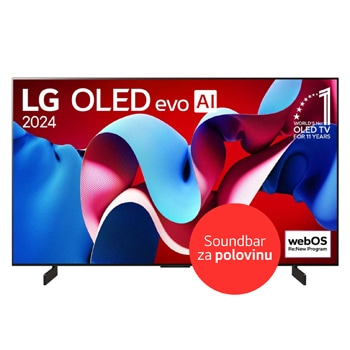 Pohled zepředu na 42 palcový OLED TV v tenkém designu s úzkým rámem obrazovky, umístěný na stabilních bočních stojanech.