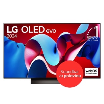 Pohled zepředu na 48 palcový OLED TV v tenkém designu, úzkým rámem obrazovky, umístěný na jednoduchém a stabilním stojanu 