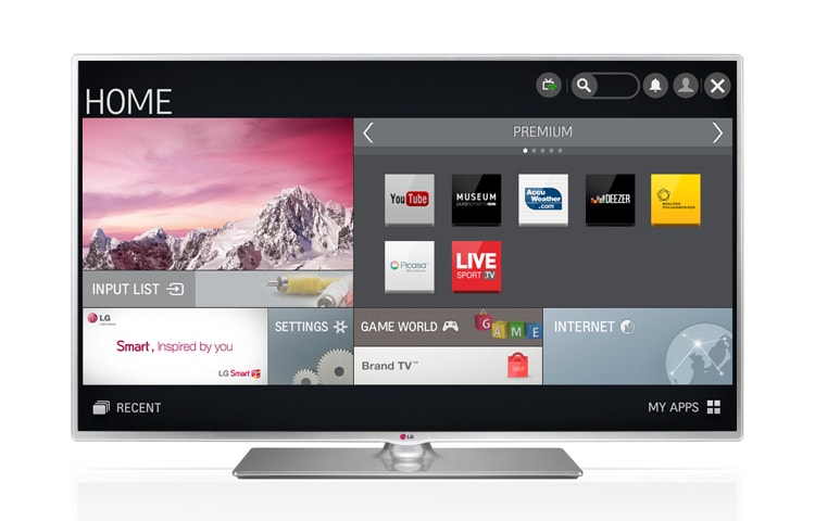 Čelní pohled na 32" LG LED TV LB580U, MCI 100, DVB-T2, web prohlížeč, Miracast/Widi, DTS, Dolby Digital dekodér 32LB580U