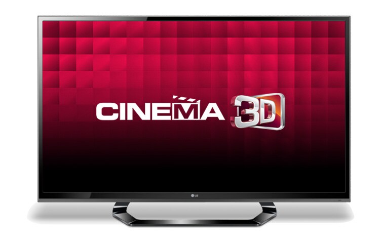 Čelní pohled na 47” LED CINEMA 3D TV, Full HD, MCI 200, DLNA, satelitní tuner DVB-S2, Dual Play, součástí balení jsou 4 ks 3D brýlí. 47LM615S