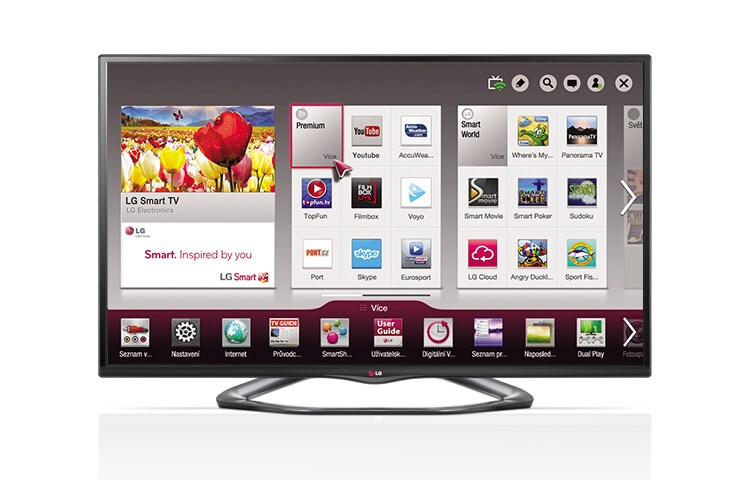 Čelní pohled na 50&#34; CINEMA 3D Smart TV, Full HD, MCI 400, Miracast, Wi-Fi, NFC, Magický dálkový ovladač a 4 ks 3D brýlí součástí balení 50LA660S