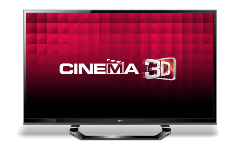 Čelní pohled na 55” LED CINEMA 3D TV, Full HD, MCI 200, DLNA, satelitní tuner DVB-S2, Dual Play, součástí balení jsou 4 ks 3D brýlí. 55LM615S