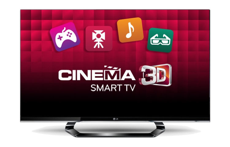 Čelní pohled na 55” LED CINEMA 3D Smart TV, CINEMA SCREEN design, černý rám, Full HD, MCI 400, Wi-Fi, 4 ks 3D brýlí a Magic Remote Control součástí balení 55LM660S