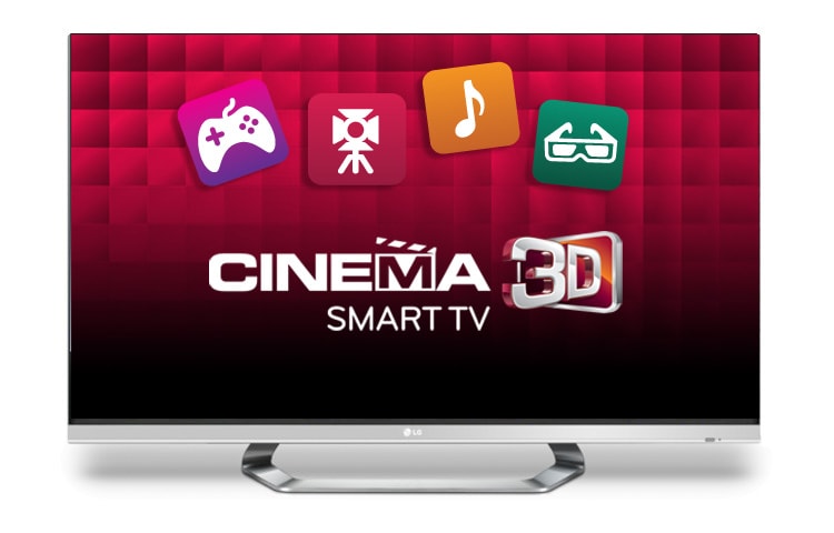 Čelní pohled na 55” LED CINEMA 3D Smart TV, CINEMA SCREEN design, stříbrný rám, Full HD, MCI 400, Wi-Fi, Dual Play, 4 ks 3D brýlí a Magic Remote Control součástí balení 55LM670S