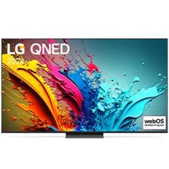 Pohled zepředu na 86"QNED TV v tenkém designu, úzkým rámem, ostrou ukázkou výrazných barev a pevným stojanem uprostřed