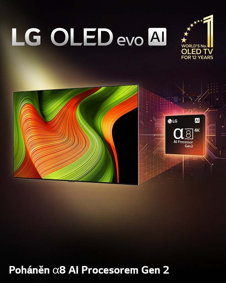 Na obrazovce LG OLED evo AI TV se zobrazuje abstraktní obraz s působivými detaily, barvami a kontrastem. Za televizí je umístěna zvětšená verze procesoru alpha 8 AI Gen2. Září a osvětluje okolní obvody mikročipu. Titulek uvádí LG OLED evo AI. Je vidět i text o tom, že zařízení využívá procesor LG alpha 8 AI Gen2. V rohu je zlaté logo s hvězdičkami, na kterém je napsáno: „Světová jednička mezi televizory OLED TV již 12 let“. 