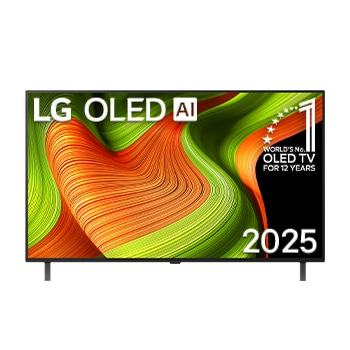 Čelní pohled na LG OLED AI B5 4K Smart TV. Na obrazovce je emblém 12 let světové jedničky OLED a logo LG OLED AI 2025.