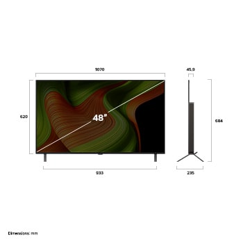 Pohled zepředu a z boku na LG OLED AI B5 4K Smart TV s rozměry na délku, šířku, výšku a hloubku.