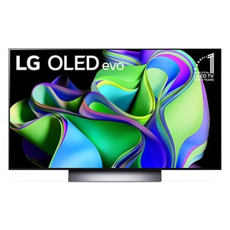 Pohled zepředu na LG OLED evo a odznáček s nápisem „10 let světová jednička mezi OLED televizory“ na obrazovce.