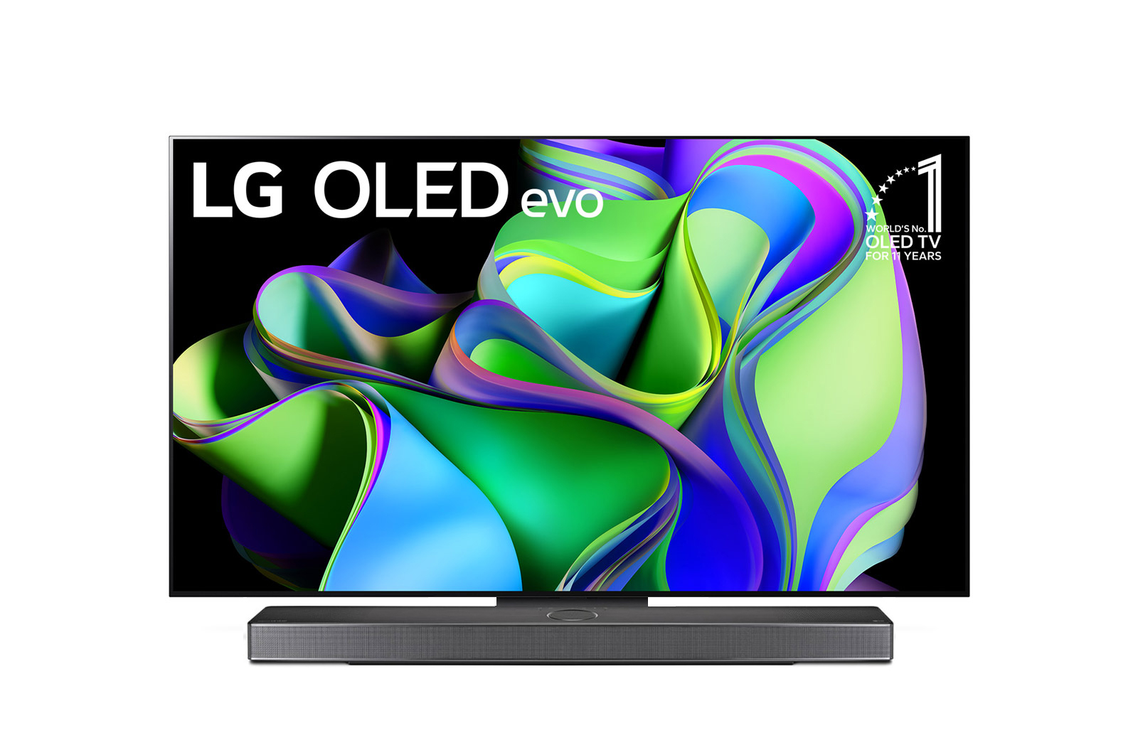 Čelní pohled na LG OLED evo, odznáček s nápisem „10 let světová jednička mezi OLED televizory“ na obrazovce a soundbar pod ní. 