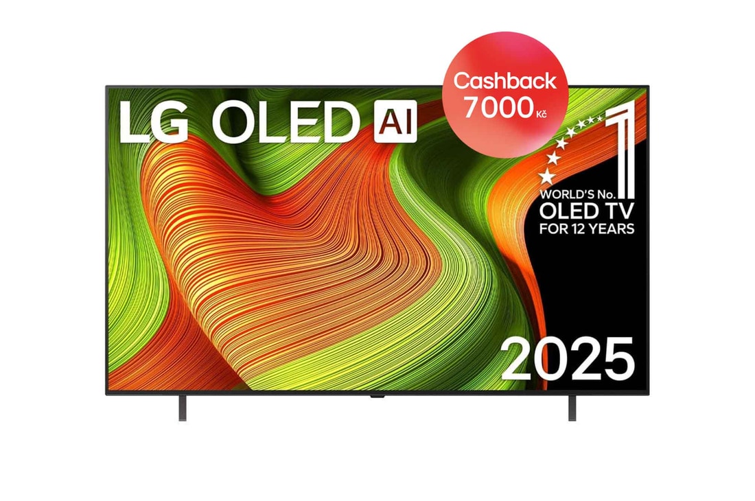 Čelní pohled na LG OLED AI B5 4K Smart TV. Na obrazovce je emblém 12 let světové jedničky OLED a logo LG OLED AI 2025.