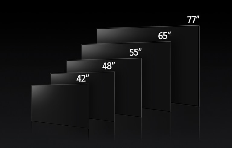 Obrázek s porovnáním různých velikostí úhlopříček televizorů LG OLED C3, konkrétně 42", 48", 55", 65" a 77".