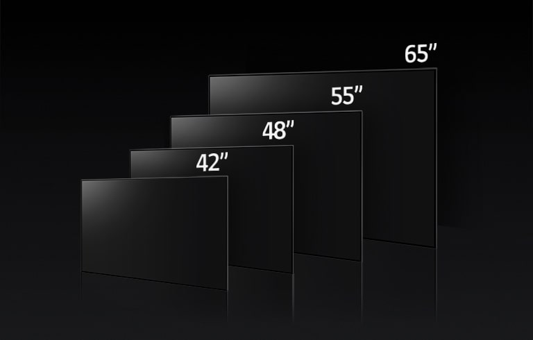 Obrázek s porovnáním různých velikostí úhlopříček televizorů LG OLED C3, konkrétně 42", 48", 55", 65" a 77".