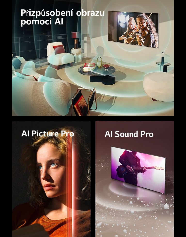 LG OLED v moderním obytném prostoru přehrává na obrazovce hudební představení. Kolem televizoru a prostoru jsou modré kruhové vlny představující personalizaci.  Žena s pronikavě modrýma očima a tmavě oranžovým topem v temném prostoru. Část jejího obličeje, který je jasný a detailní, překrývají červené čáry znázorňující vylepšení umělé inteligence (AI), zatímco zbytek snímku působí matně.   Z obrazovky LG OLED TV vycházejí zvukové bubliny a vlny vyplňující prostor.