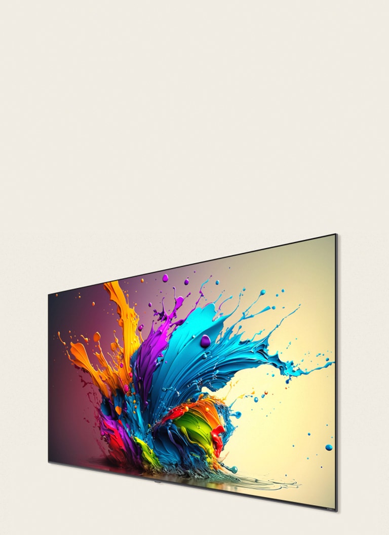 LG QNED90-scherm met kleurrijk artwork.