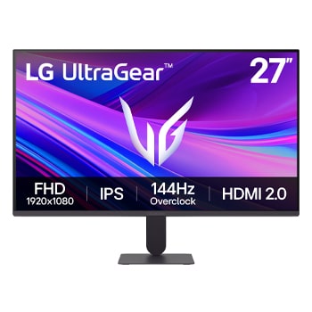 Čelní pohled na 27" herní monitor LG UltraGear™ G4 s frekvencí 144 Hz (přetaktovaný) a rozlišením FHD IPS s kompatibilitou NVIDIA G-SYNC®, sRGB 99% (Typ.) 27G411A-B 27G411A-B