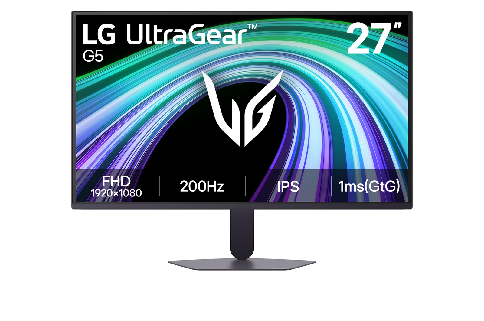 Čelní pohled na 27" UltraGear™ G5 herní monitor s Full HD rozlišením a obnovovací frekvencí 200 Hz 27G523B-B