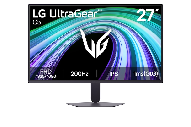 Čelní pohled na 27" UltraGear™ G5 herní monitor s Full HD rozlišením a obnovovací frekvencí 200 Hz 27G523B-B