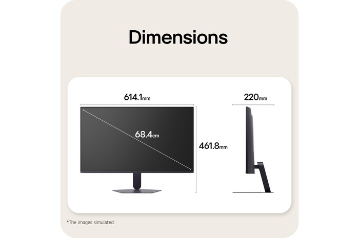Přední a boční pohledy na herní monitor znázorňující jeho celkové rozměry a profilový design.