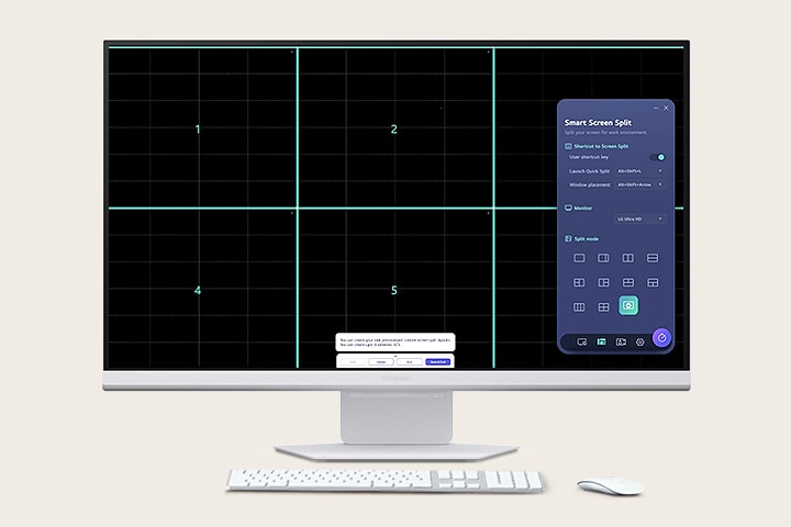 Aplikace LG Switch pomáhá optimalizovat monitor pro efektivní pracovní prostředí. Displej můžete rozdělit do šesti oblastí, spravovat rozvrhy nebo snadno spustit platformu pro videohovory pomocí namapovaných klávesových zkratek.