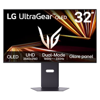 Čelní pohled na 32" herní monitor LG UltraGear™ GX8 OLED 4K UHD | 32GX850A s duálním režimem, 0.03 ms (GtG), DisplayHDR™ True Black 400, Glare panel 32GX850A-B