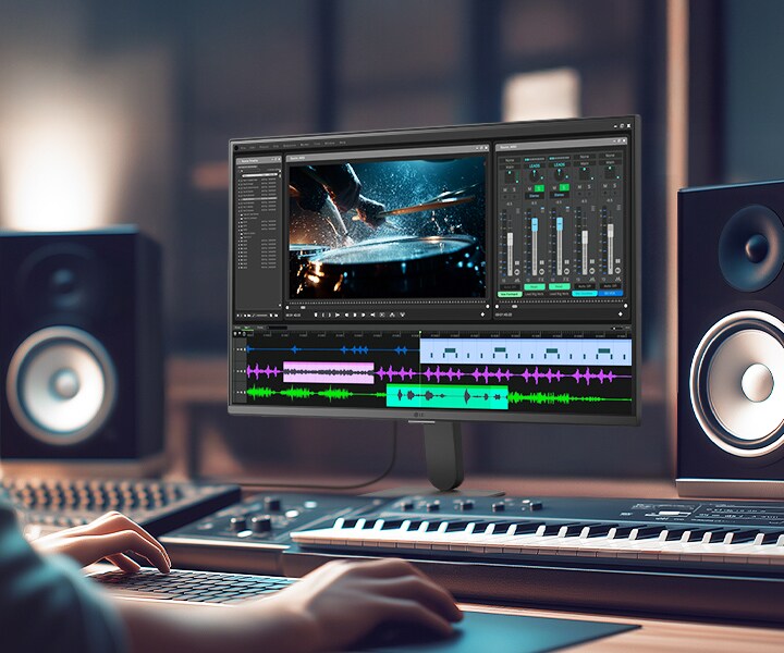 LG Smart Monitor zobrazuje profesionální pracovní prostředí pro střih videa a úpravu zvuku s časovou osou, nástroji pro barevnou gradaci a rozhraním pro zvukový mix, a vyzdvihuje IPS 4K rozlišení, podporu HDR a široké barevné pokrytí v kreativním studiovém uspořádání s reproduktory a klávesnicí pro tvorbu obsahu a multimediální práci.