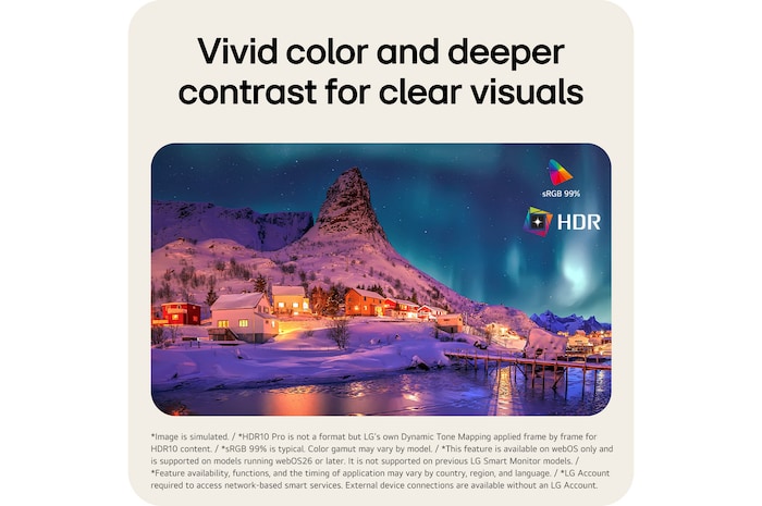 HDR10 Pro se sRGB 99% na LG Smart Monitor zvyšující přesnost barev a kontrast pro čistý obraz.