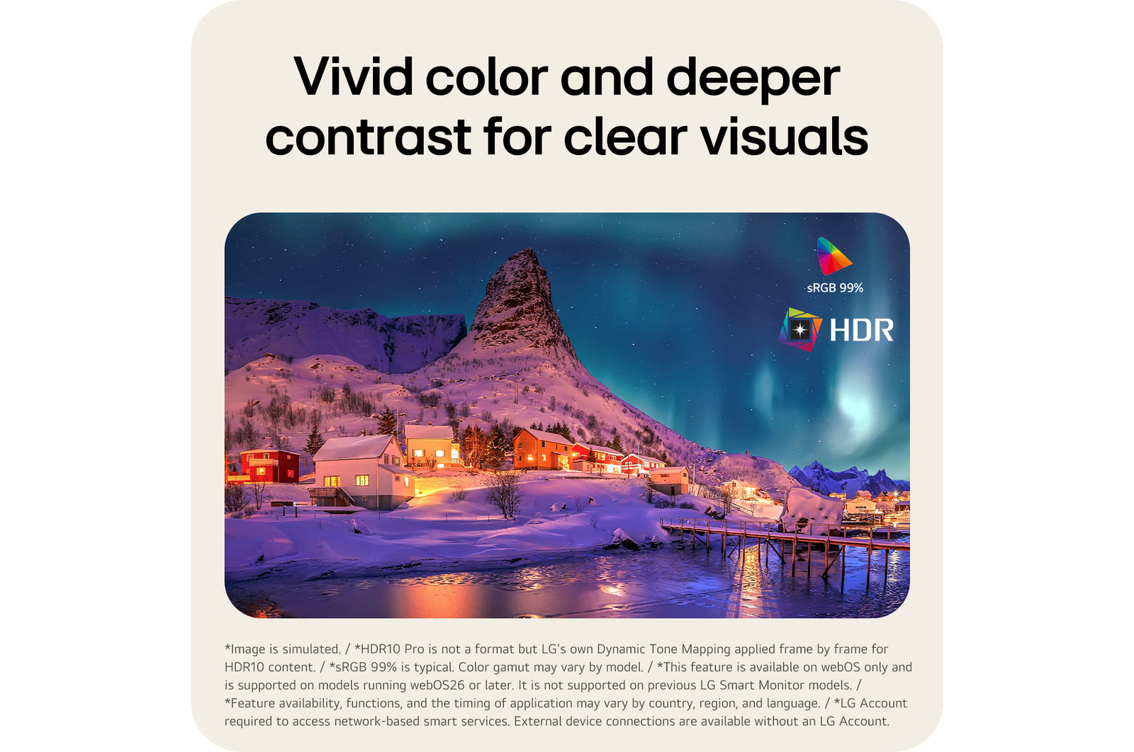 HDR10 Pro se sRGB 99% na LG Smart Monitor zvyšující přesnost barev a kontrast pro čistý obraz.