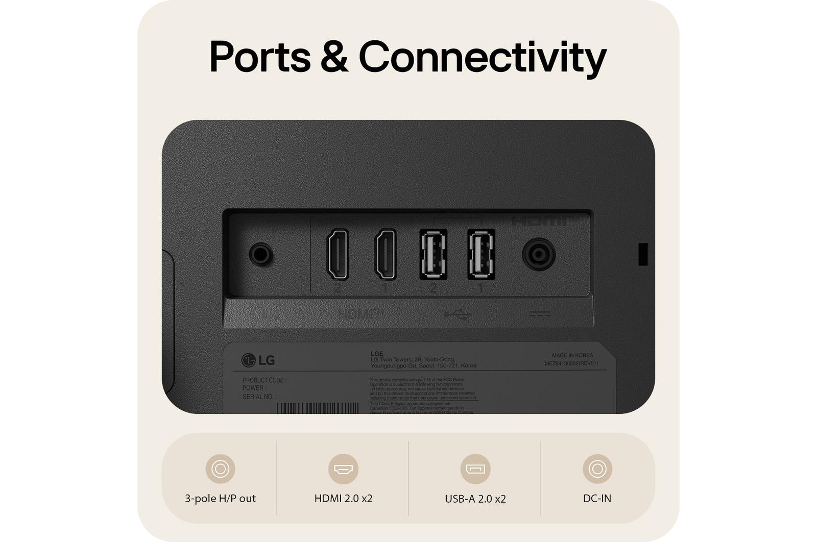 Zadní porty LG Smart Monitor zobrazující možnosti připojení HDMI 2.0, USB-A 2.0, sluchátkového výstupu a DC-IN.