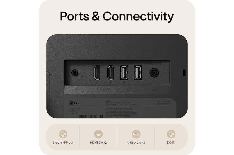 Zadní porty LG Smart Monitor zobrazující možnosti připojení HDMI 2.0, USB-A 2.0, sluchátkového výstupu a DC-IN.