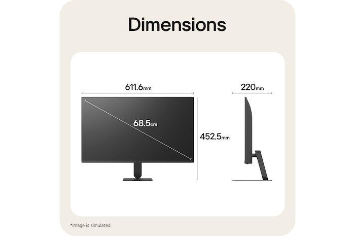 Rozměry LG Smart Monitor ilustrující celkovou velikost produktu a rozměry stojanu.