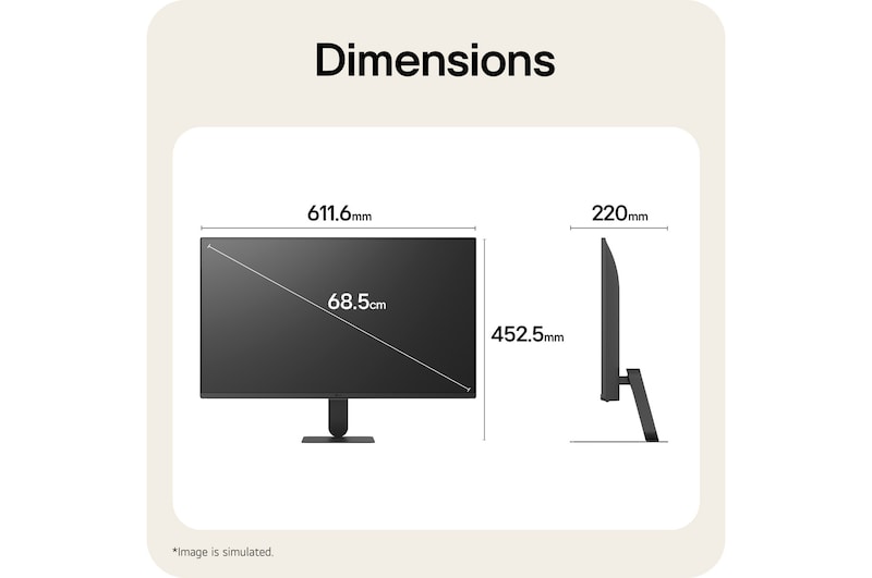 Rozměry LG Smart Monitor ilustrující celkovou velikost produktu a rozměry stojanu.