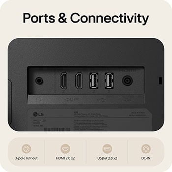 Zadní porty LG Smart Monitor zobrazující možnosti připojení HDMI 2.0, USB-A 2.0, sluchátkového výstupu a DC-IN.