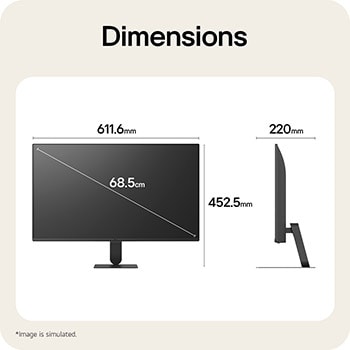 Rozměry LG Smart Monitor ilustrující celkovou velikost produktu a rozměry stojanu.