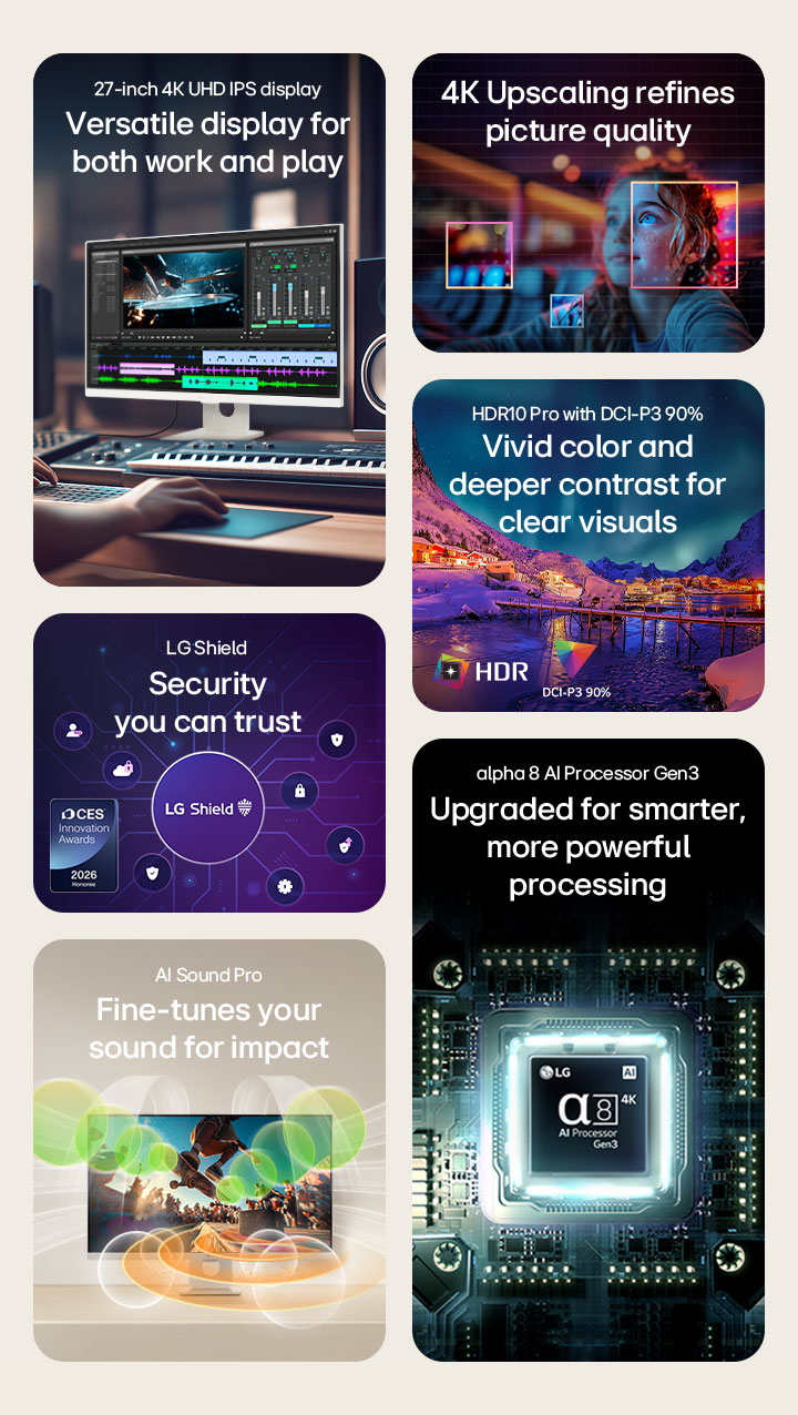 Souhrnné video představující funkce LG Smart Monitor včetně 27palcového 4K UHD IPS displeje, AI Picture Pro, HDR10 Pro s DCI-P3 90%, AI Sound Pro, alpha8 AI Processor Gen3 a zabezpečení LG Shield.