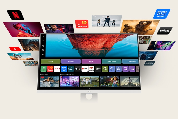LG Smart Monitor zobrazující domovskou obrazovku webOS se streamovacími aplikacemi a dlaždicemi obsahu, obklopený plovoucími vizuály z oblasti zábavy, jako jsou filmy, sport a pořady, s důrazem na chytré streamování vše v jednom, objevování obsahu a domácí zábavu