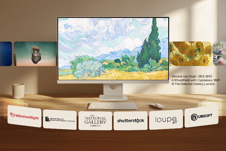 LG Smart Monitor zobrazující rotující umělecká díla a obsah obrazové galerie na webOS, s proslulými malbami a vizuálními uměleckými zdroji, umístěný na čistém pracovním stole s klávesnicí a myší, s důrazem na zobrazení digitálního umění, prohlížení galerie a zážitek z ambientního obsahu