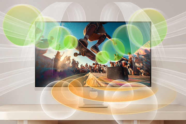 LG Smart Monitor předvádějící AI Sound Pro s filmovou koncertní scénou na obrazovce, který zvýrazňuje optimalizaci pohlcujícího zvuku, jasné dialogy a vyvážený zvukový výkon pro lepší zážitek z domácí zábavy