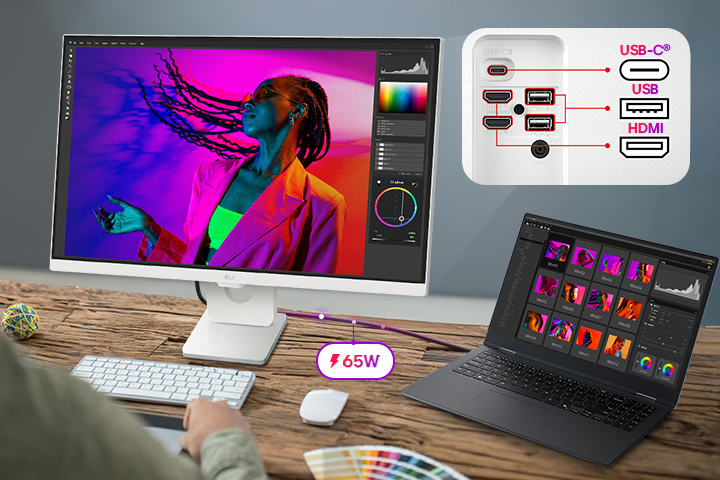LG Smart Monitor připojený k notebooku přes USB-C s nabíjením 65 W, zobrazující pracovní prostředí pro úpravu fotografií, více portů včetně USB C, USB a HDMI, se zdůrazněním připojení jediným kabelem, nabíjení zařízení a pracovního prostoru zaměřeného na produktivitu