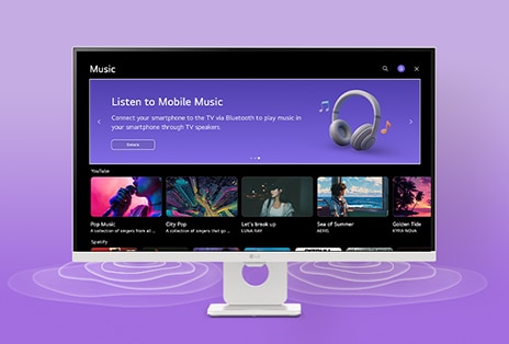 Na obrazovce LG Smart Monitor se zobrazuje rozhraní hudebních aplikací.