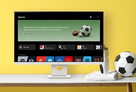 Na obrazovce LG Smart Monitor se zobrazují různé obrazovky sportů LG.