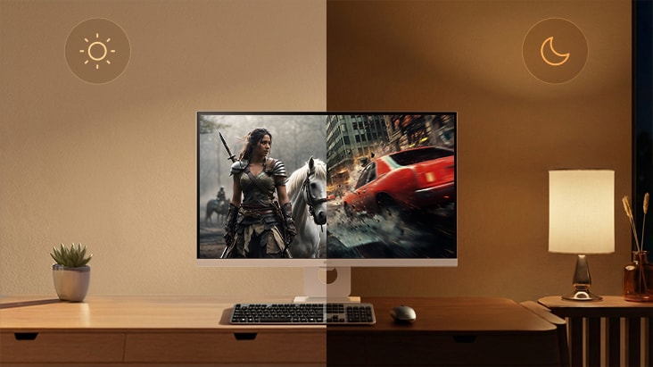 LG Smart Monitor předvádějící funkci Auto Brightness Control, která upravuje jas obrazovky mezi jasným denním světlem a tlumeným nočním prostředím, a zajišťuje komfortní sledování při různých světelných podmínkách na pracovním stole s ambientní lampou a filmovým obsahem na obrazovce