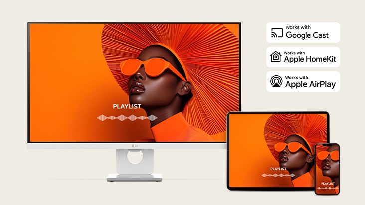 Stejná obrazovka je sdílena na monitoru LG Smart Monitor, notebooku, tabletu a chytrém telefonu pomocí AirPlay 2 a funkce Screen Share.