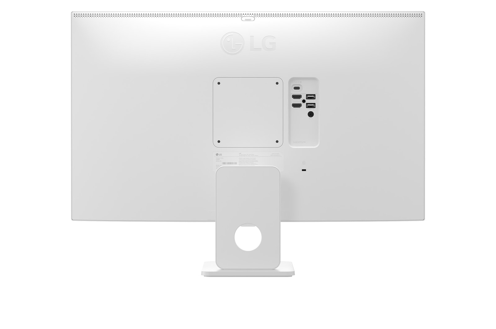 Zadní pohled na LG Smart Monitor zobrazující konstrukci stojanu a uspořádání konektivity.