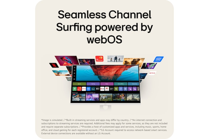 LG Smart Monitor s webOS poskytuje přístup k integrovaným streamovacím aplikacím a zábavnému obsahu.