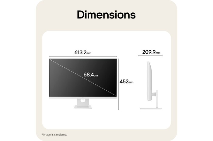 Rozměry LG Smart Monitor ilustrující celkovou velikost produktu a rozměry stojanu.