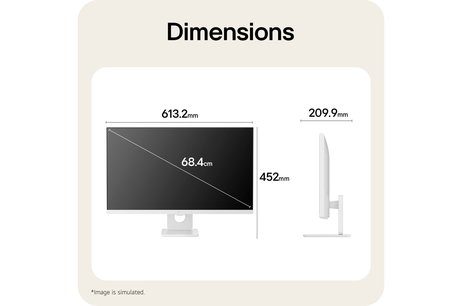 Rozměry LG Smart Monitor ilustrující celkovou velikost produktu a rozměry stojanu.