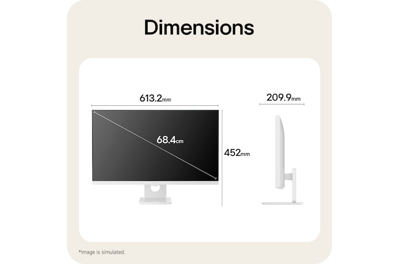 Rozměry LG Smart Monitor ilustrující celkovou velikost produktu a rozměry stojanu.